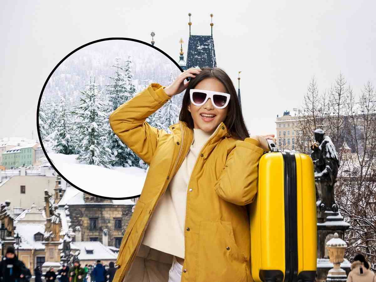 sfondo città invernale tondo con alberi innevati e ragazza in tenuta da viaggio e valigia