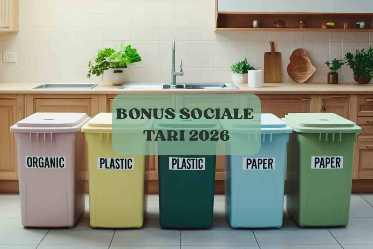 Bidoni spazzatura e scritta Bonus sociale Tari 2026