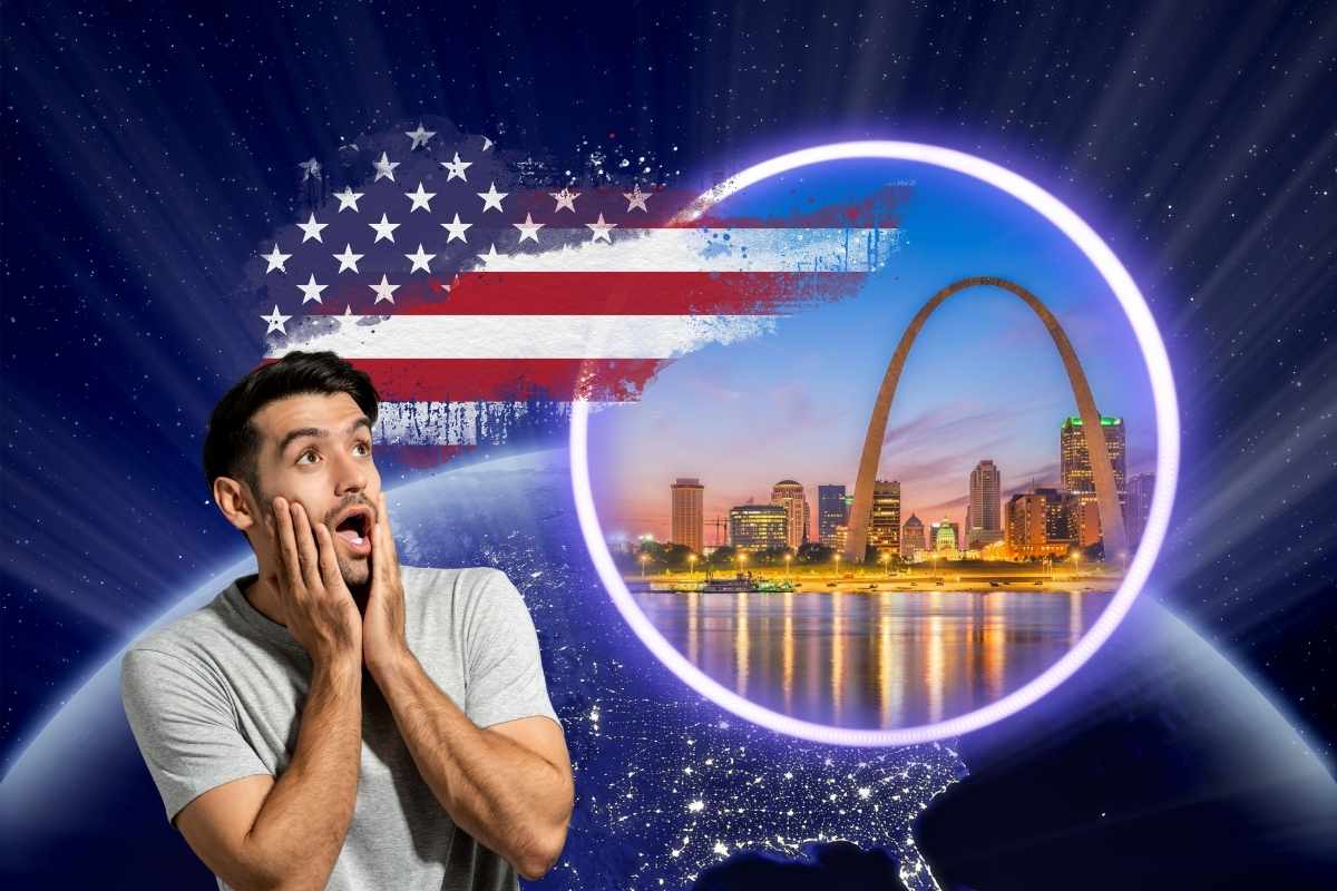 St Louis, bandiera americana, Terra luminosa, uomo sbalordito