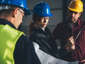 Architetto e operati che analizzano progetto