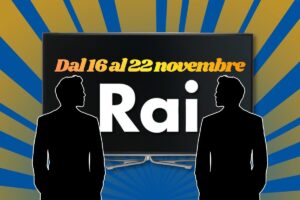 Televisione e raggi, due uomini, logo Rai, periodo data