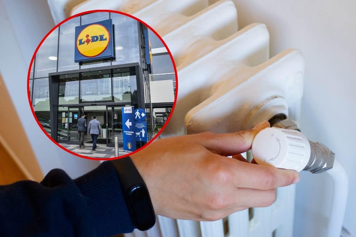 persona che chiude il termosifone e insegna LIDL in cornice