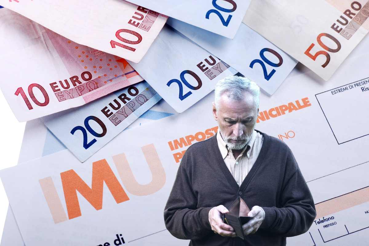 banconote euro e cartella imu con uomo che controlla portafogli vuoto