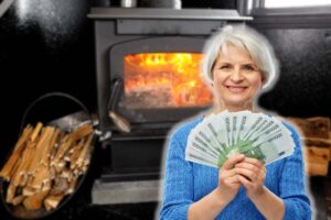 donna con euro in mano e stufa a camino accesa