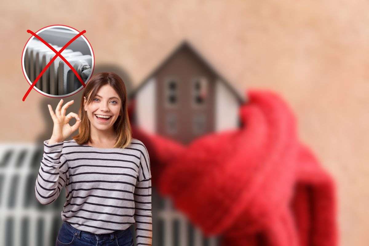 sagoma di casa su termosifoni con sciarpa avvolta, x rossa su termosifoni in icona e donna sorridente che fa ok con le mani 