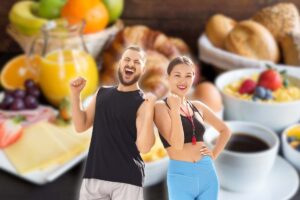 ragazzo e ragazza in primo piano e alimenti sullo sfondo