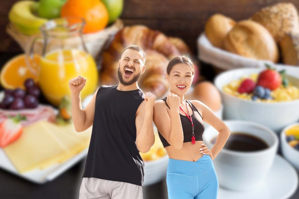 ragazzo e ragazza in primo piano e alimenti sullo sfondo