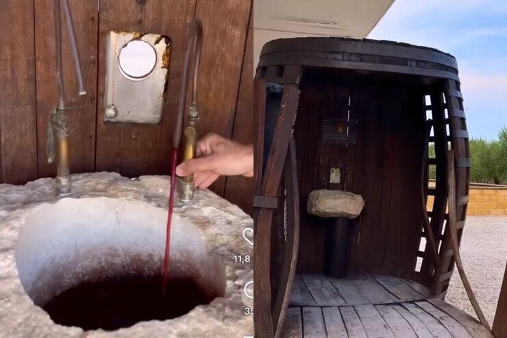 Fontana vino, botte legno 