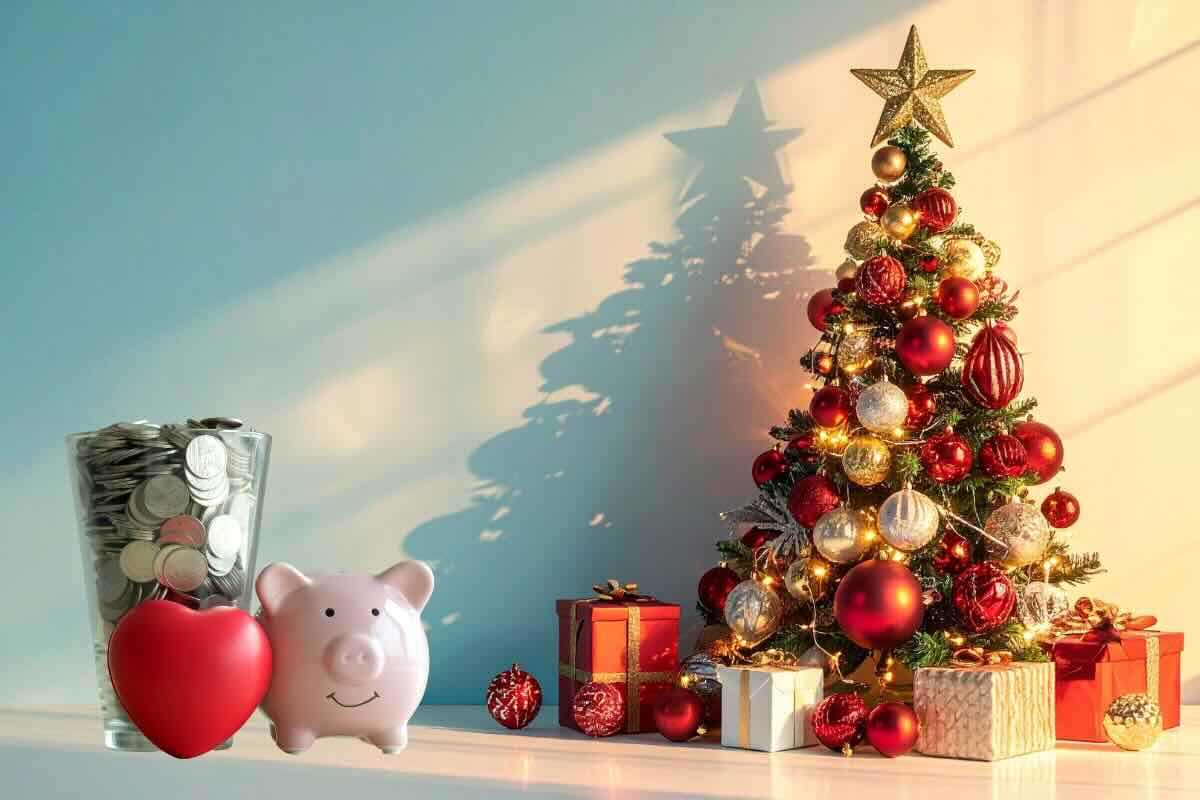 albero di natale, salvadanaio, soldi