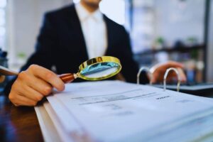 Impiegato che controlla documenti con lente d'ingrandimento