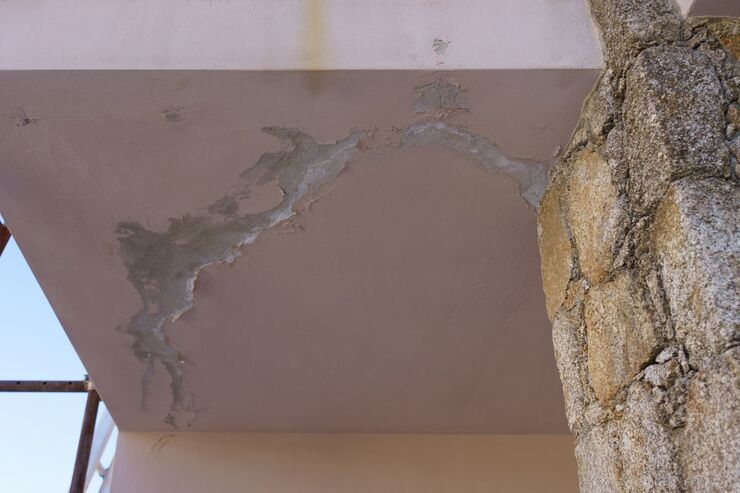 parte inferiore del balcone tutta rovinata con pezzi di intonaco rimossi