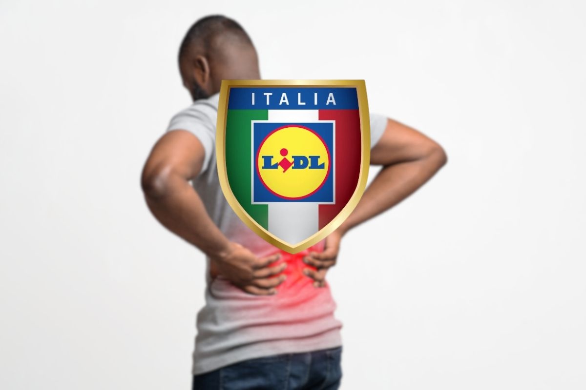 uomo con mal di schiena e logo lidl