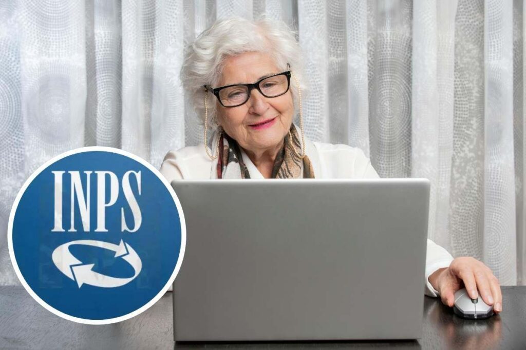 donna anziana al pc e logo inps